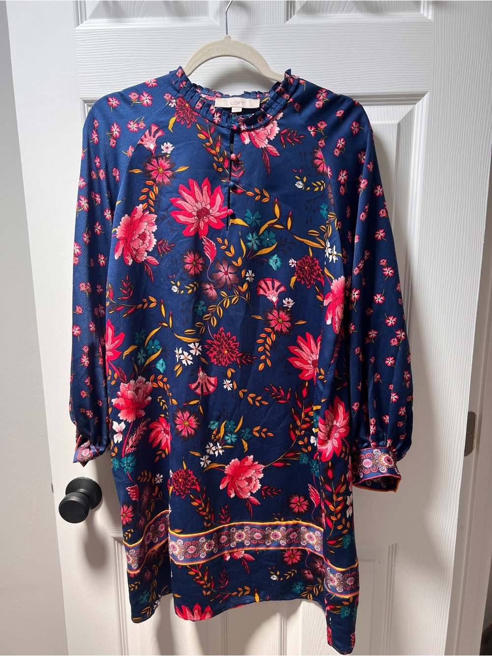 LOFT Navy Floral Ruffled Neck Long Sleeve Dress